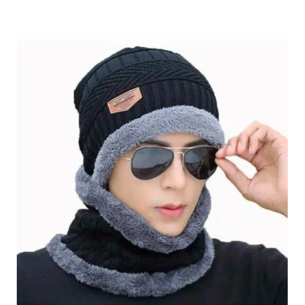 Woolen Winter Beanie Cap & Neck Warmer Combo.