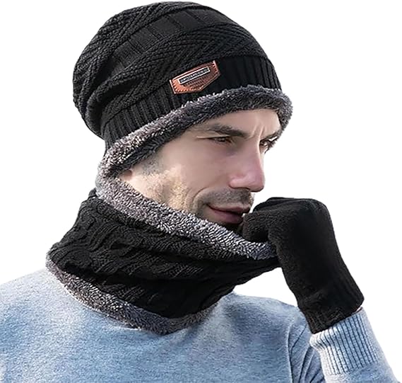 Woolen Winter Beanie Cap & Neck Warmer Combo.